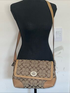 Coach Brown Signature Canvas Crossbody with Tan Trim